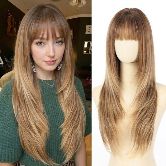 testar 4x4 Realistic Scalp Long Ombre Brown Blonde Straight Wigs With Bangs for Women Synthetic Heat Resistant Fiber 26IN Layered Brunette Wigs for Daily Use
