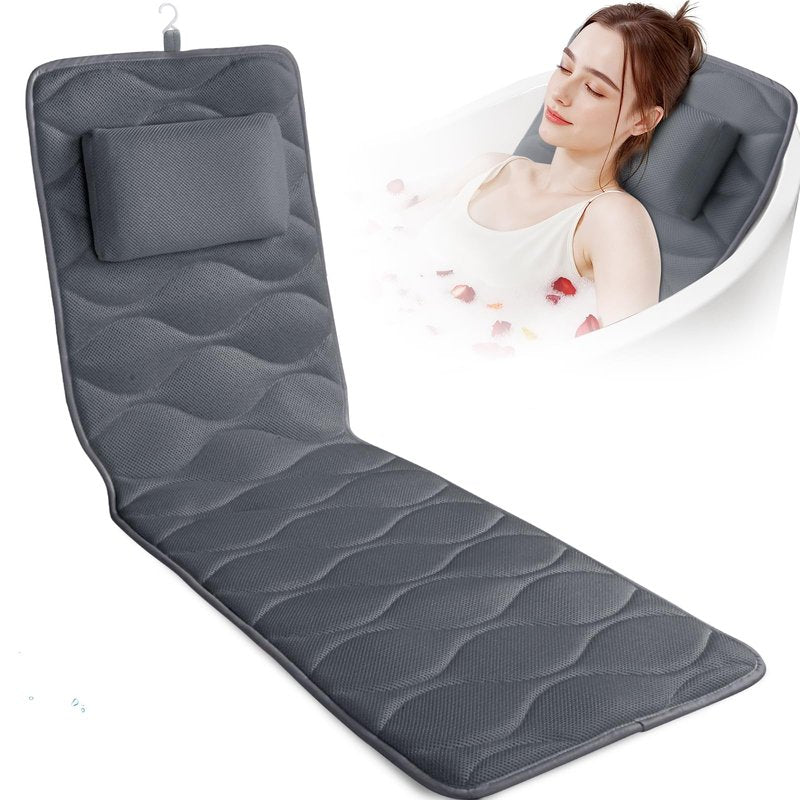 TranquilRelax Bath Pillow for Tub with Laundry Bag & 17 Non-Slip Suction Cups, Extra Thick and Soft Bathtub Pillow for Head, Neck & Shoulder Support, 56" x 16" Grey