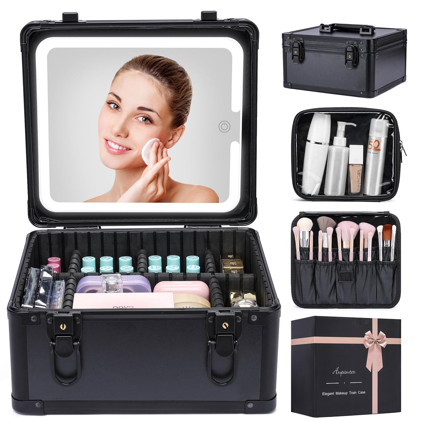 Makeup Box with Led Mirror,Travel Train Hard Case with Rechargeable Lighted Mirror Adjustable Dividers,Cosmetic Organizer Storage Bag for Makeup Artists,Appropriate Gift for Women and Girls,Black
