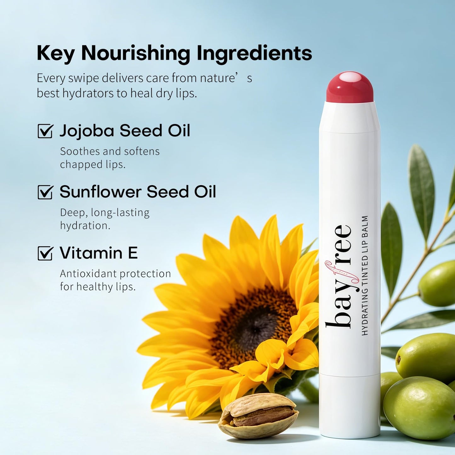 bayfree Plumping Tinted Lip Balm for Dry Lips, Long Lasting Hydrating Chapstick with Jojoba Seed Oil & Vitamin E, Buildable Color Lipbalm, Glossy Finish, Vegan for All Skin Tones, Tang Peony