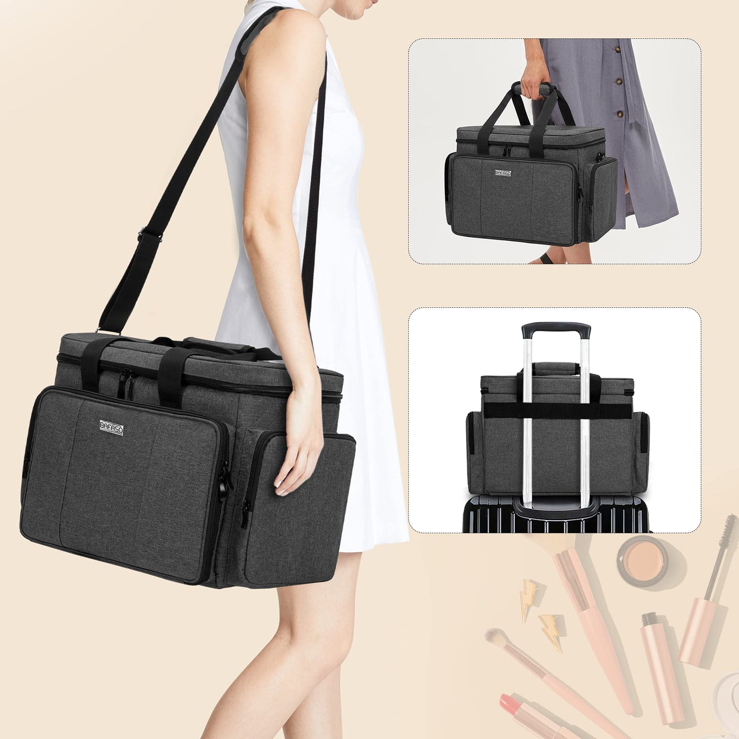 BAFASO Large Makeup Bag Cosmetic Bag with Removable Dividers, Travel Makeup Case Holds Cosmetics and Hair Supplies, Black