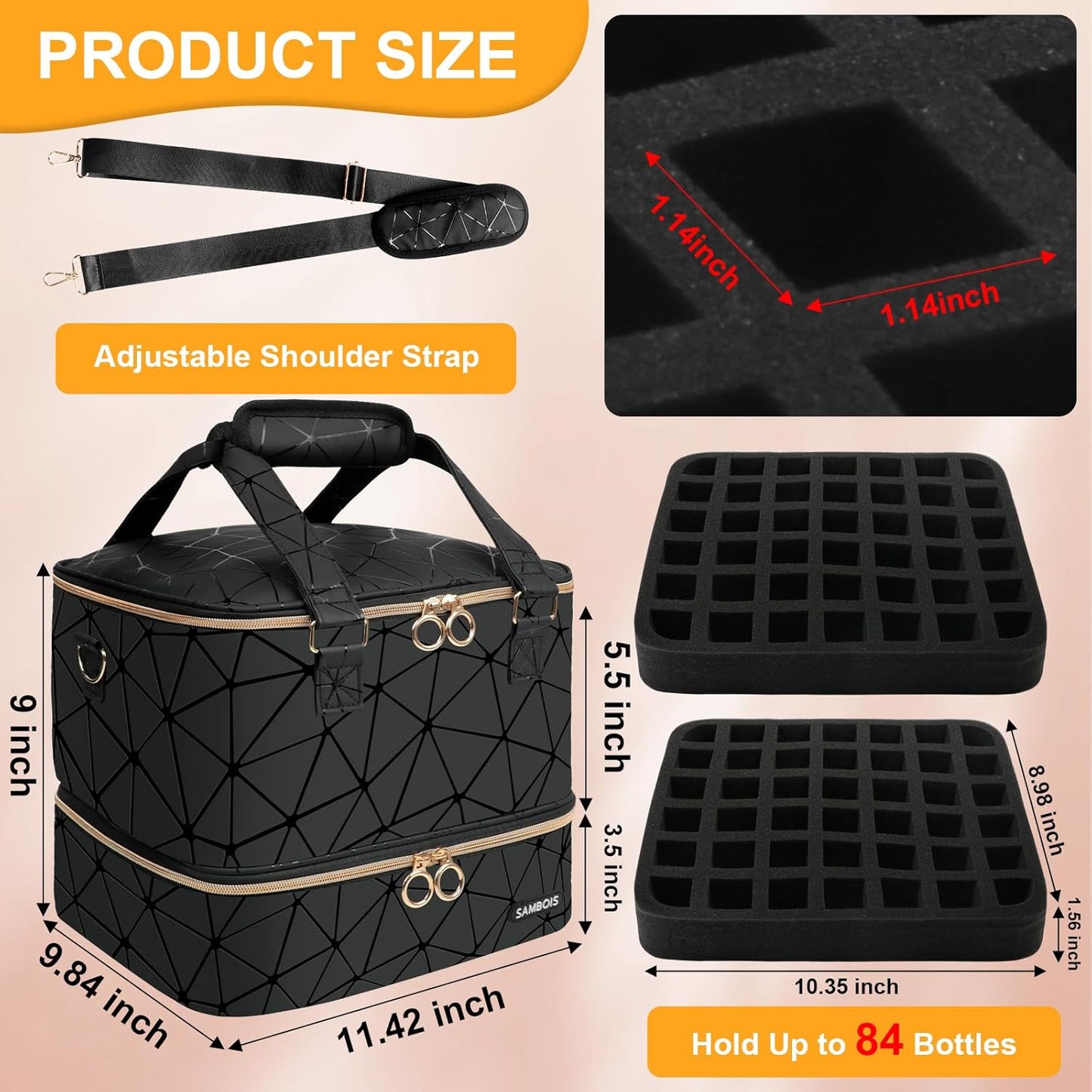 Nail Polish Organizer Bag - Holds 84 Bottles & Nail Lamp | PU Leather Travel Case (Black)