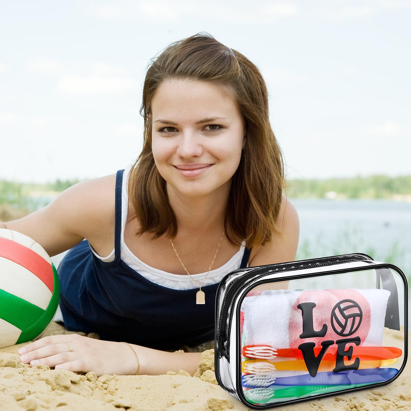 Abbylike 12 Pcs 7 x 4.7 x 2.4'' Volleyball Theme Cosmetic Bag Gifts Accessories for Makeup Bags PVC Clear Cheer Case Toiletry Zipper Pouch for Team Women