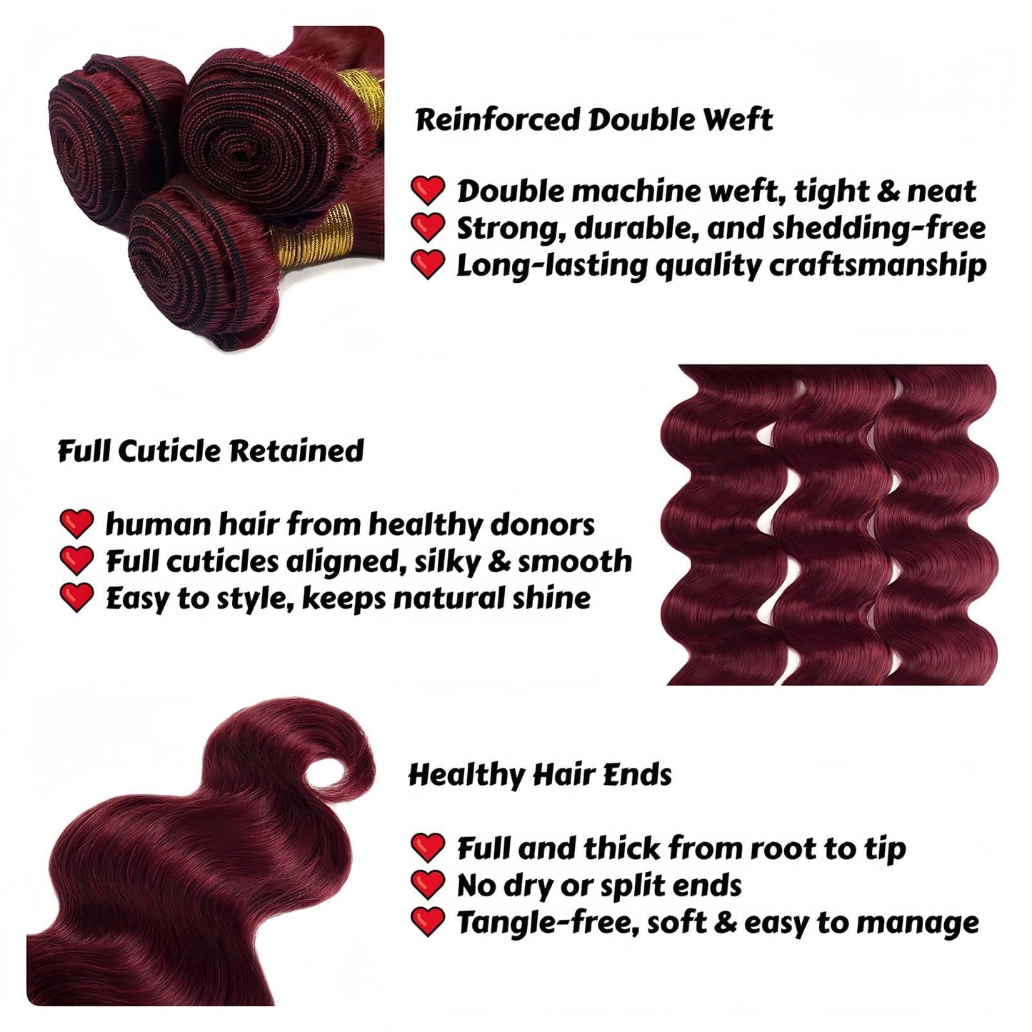 LUMWAV 99J Burgundy Body Wave Human Hair Bundles 10 12 14 Inch 3 Bundles Brazilian Virgin Remy Hair Extensions Weave Soft Bouncy Curly Sew In for Black Women