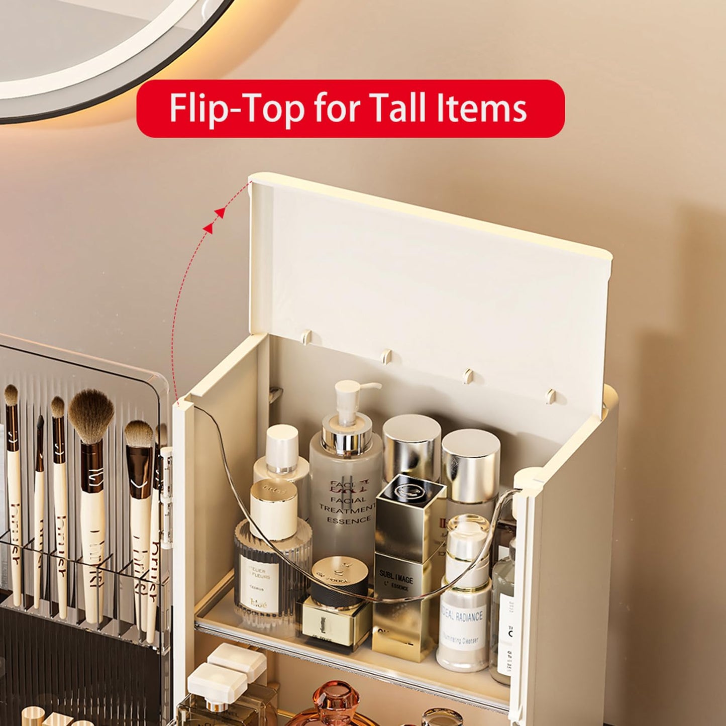 MORNITE Makeup Organizer with Drawers for Vanity & Bathroom, Cosmetic Storage Cabinet for Skincare, Beauty, Brushes, Perfume. Large Countertop Display Case with Cover Lid, Cream White