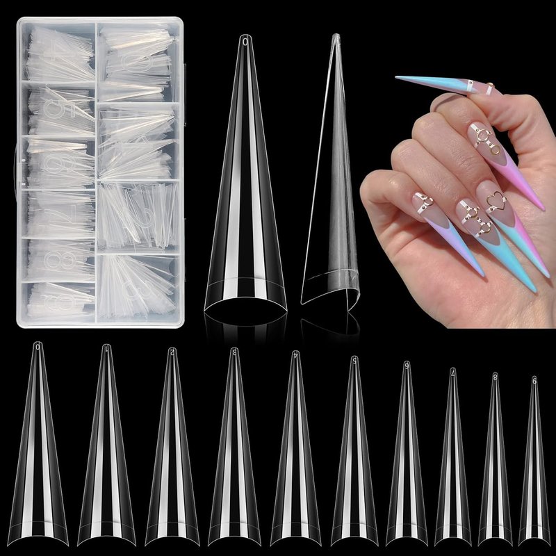 Stiletto Nail Tips - 500 Pcs XL Long Clear Acrylic False Nails | Half Cover Tapered Square for DIY Nail Art (10 Sizes)