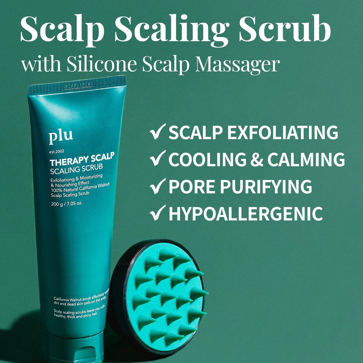 PLU Therapy Scalp Scaling Scrub With Silicone Massager Brush - Walnut Scrubber Gel for Oily Scalp and Dandruff - Exfoliating & Deep Cleansing Combo Set