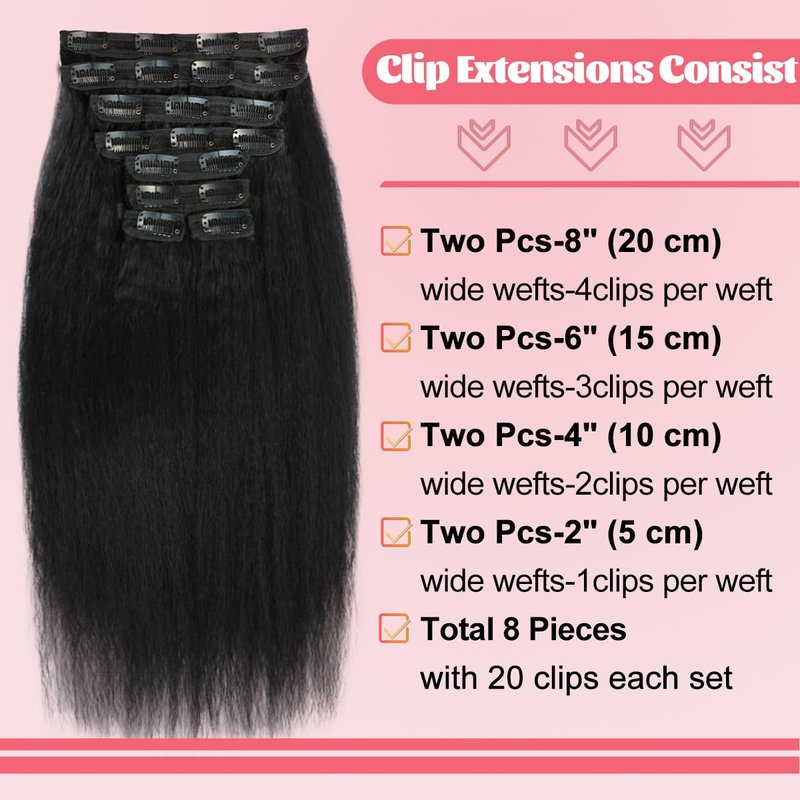 Real Human Hair Clip-In Extensions - 110g Kinky Straight Brazilian Hair | 14-Inch, 8 Pcs Set for Women