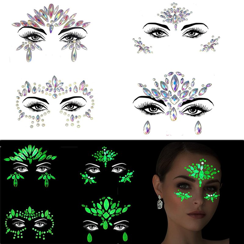 Glows Face Gems Jewels, 4 Pack Noctilucent Stickers Glow in the Dark Tattoo Crystals Body Gems Stick on for Halloween Carnival Festival Party