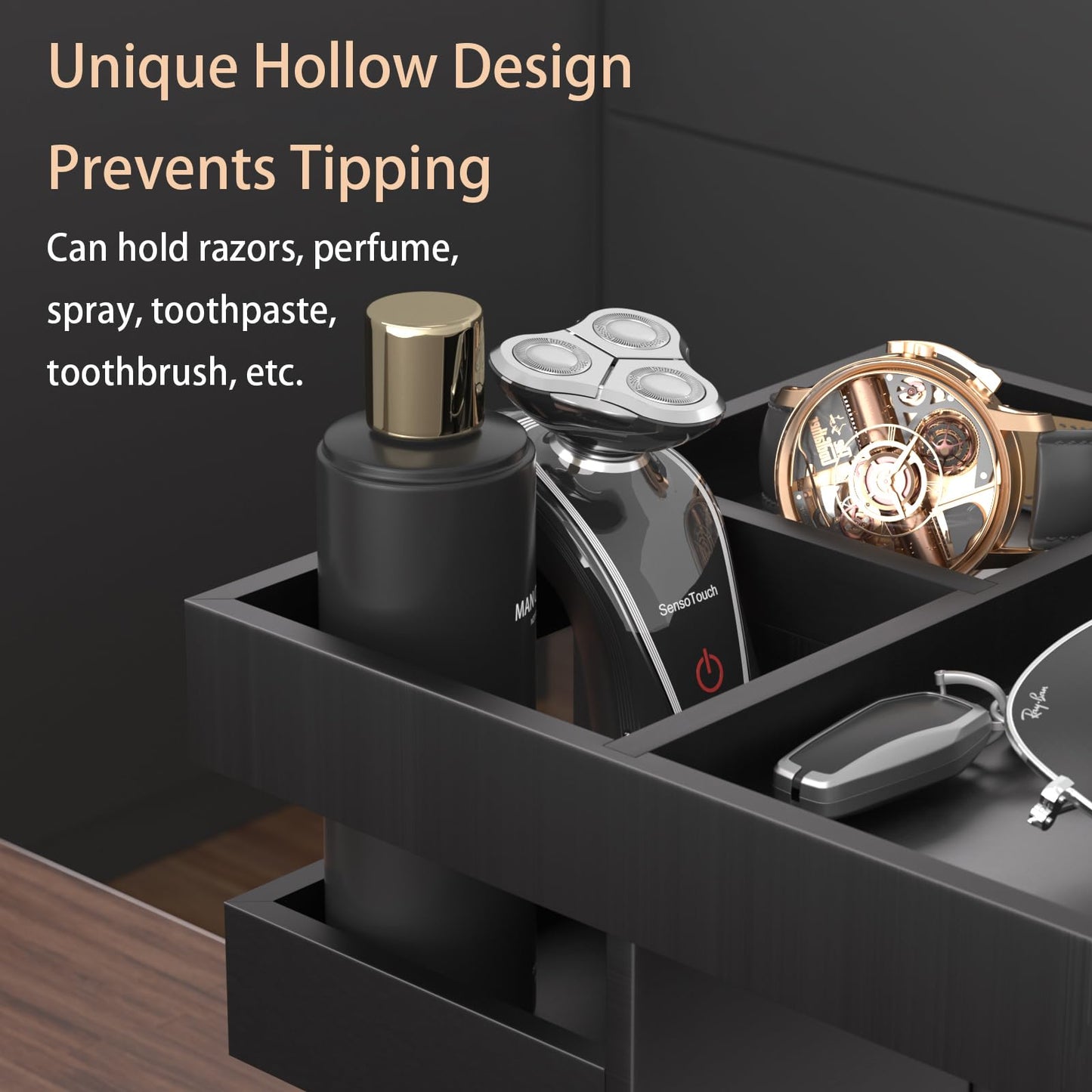 SNYTHX 360 Rotating Cologne Organizer for Men and Women, Large Wood Perfume Stand and Grooming Station for Bathroom Vanity & Dresser Countertop, Gift for Dad Husband Boyfriend, Black