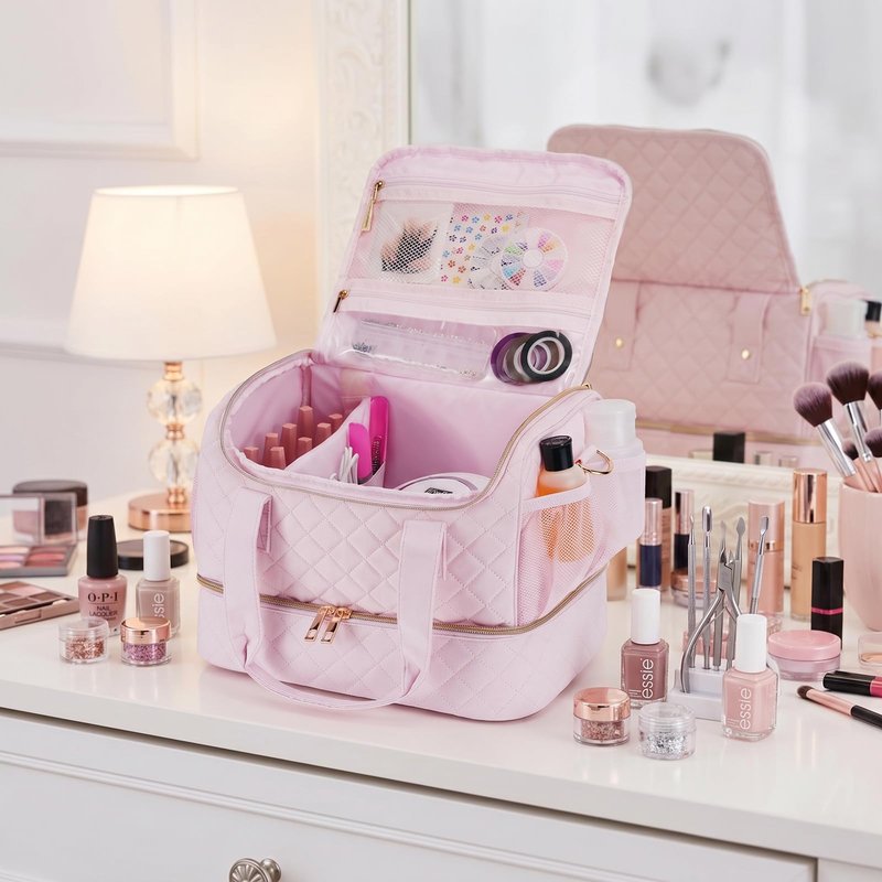 VOFIpremiAm Nail Polish Organizer Case Fits 1 Nail Lamp and 50 Bottles,Waterproof Nail Organizers and Storage with Side Pockets for Nail Polish Remover,Manicure Tools (Patented,Bag Only)-Pale Pink