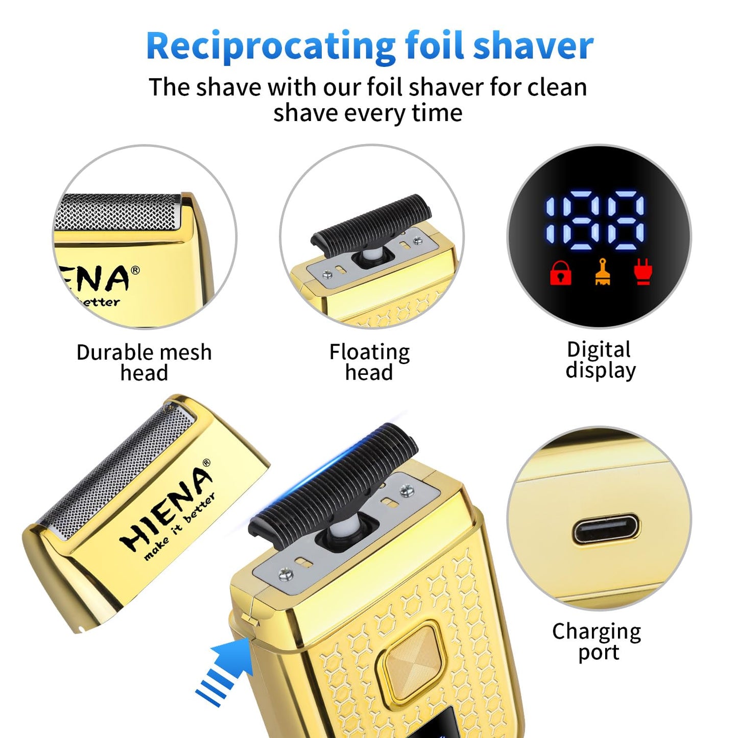 HIENA PRO Hair Clippers for Men Professional, Cordless Barber Clipper & T-Blade Beard/Hair Trimmer Set, Electric Razor Foil Shaver Nose Trimmer Barber Kit, Men's Hair Cutting Kit (Gold)