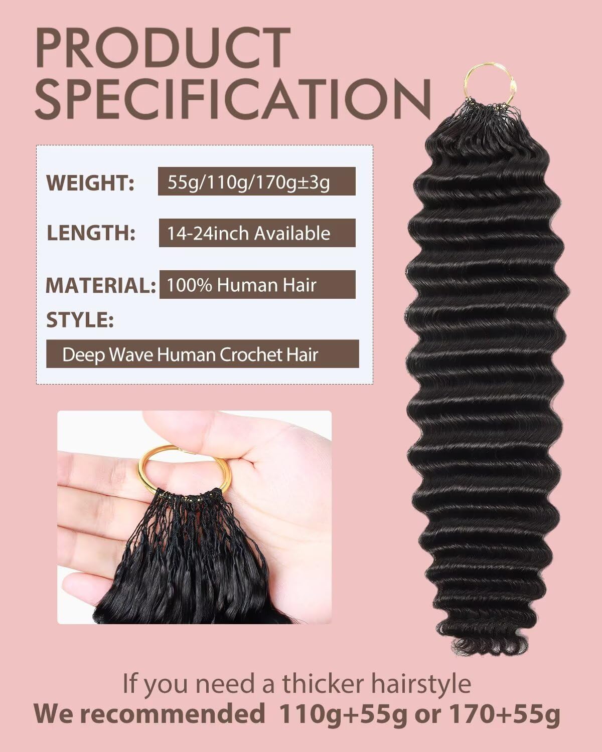 12A Human Crochet Hair for Boho Braids 3 Bundles 14 Inch 100g Deep Wave Braiding Hair for Bohemian Knotless Braids 100% Unprocessed Brazilian Virgin Miracle Knots Crochet Hair Natural Color