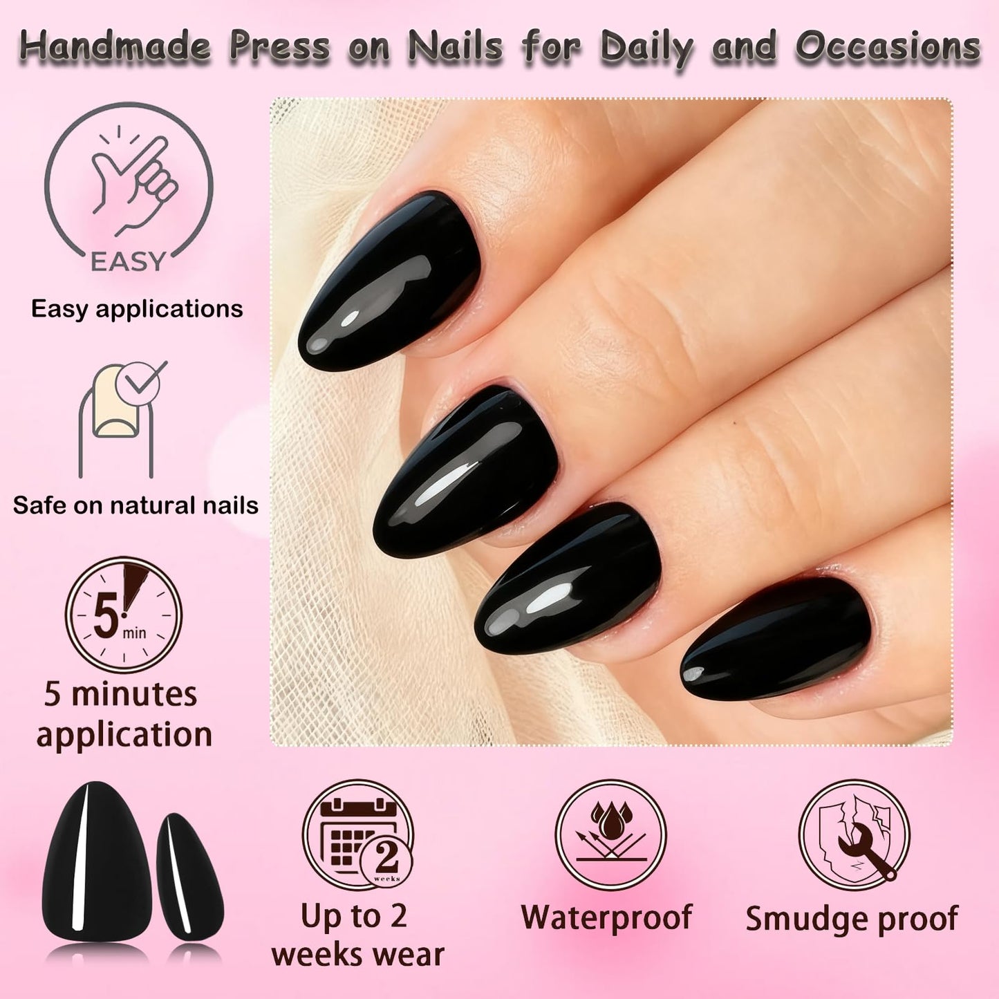 240pc Black Almond Press on Nails Short Fake Nails with Glue Tabs, Short Nails Press on Nail Almond Glue on Nail Black Acrylic Nail Full Cover False Nail Women Girls Artificial Fingernail 12 Sizes