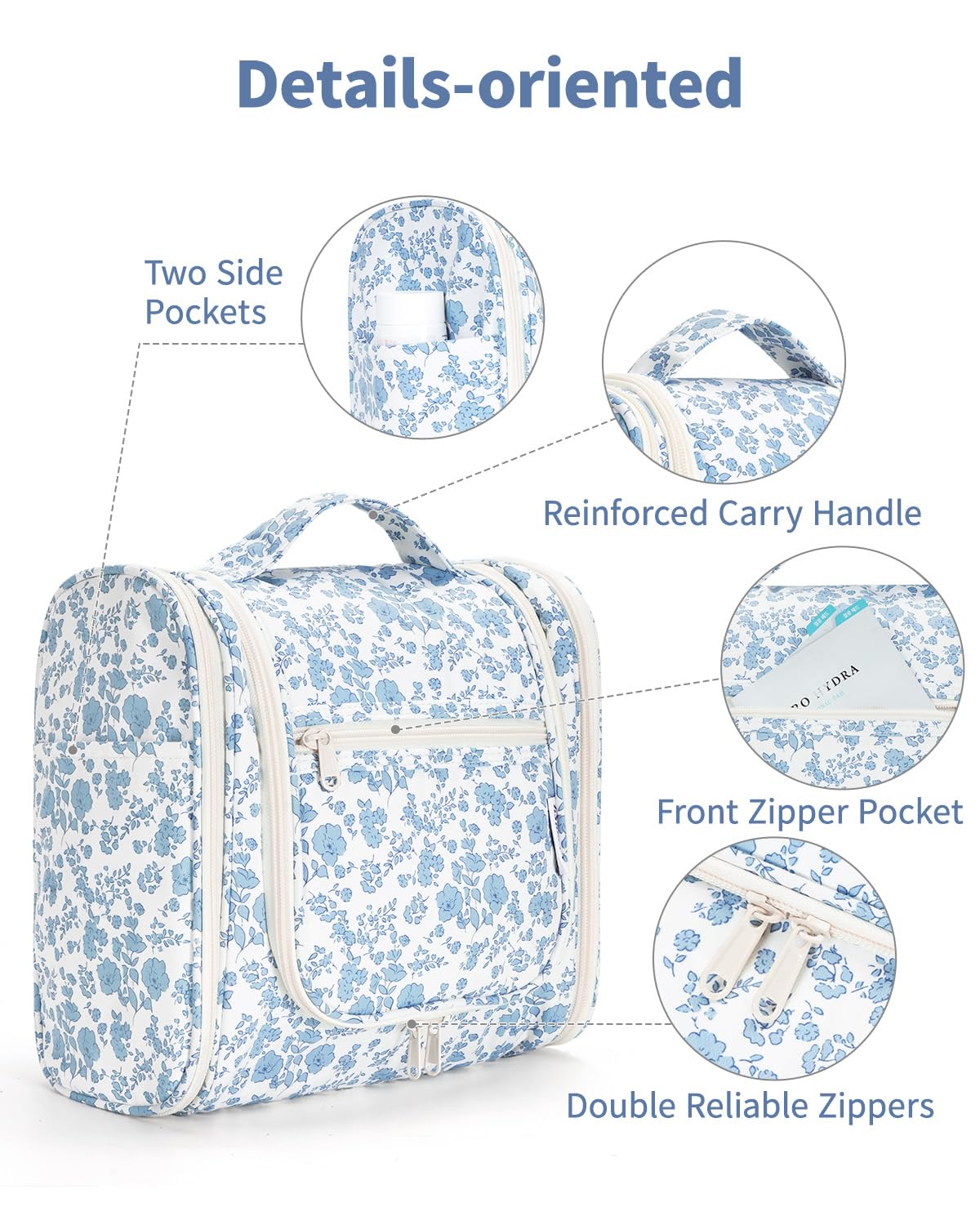 Narwey Large Hanging Toiletry Bag for Women Travel Makeup Bag Make up Organizer Toiletries Bag for Cosmetics Essentials Accessories (Large, Blue Flower)