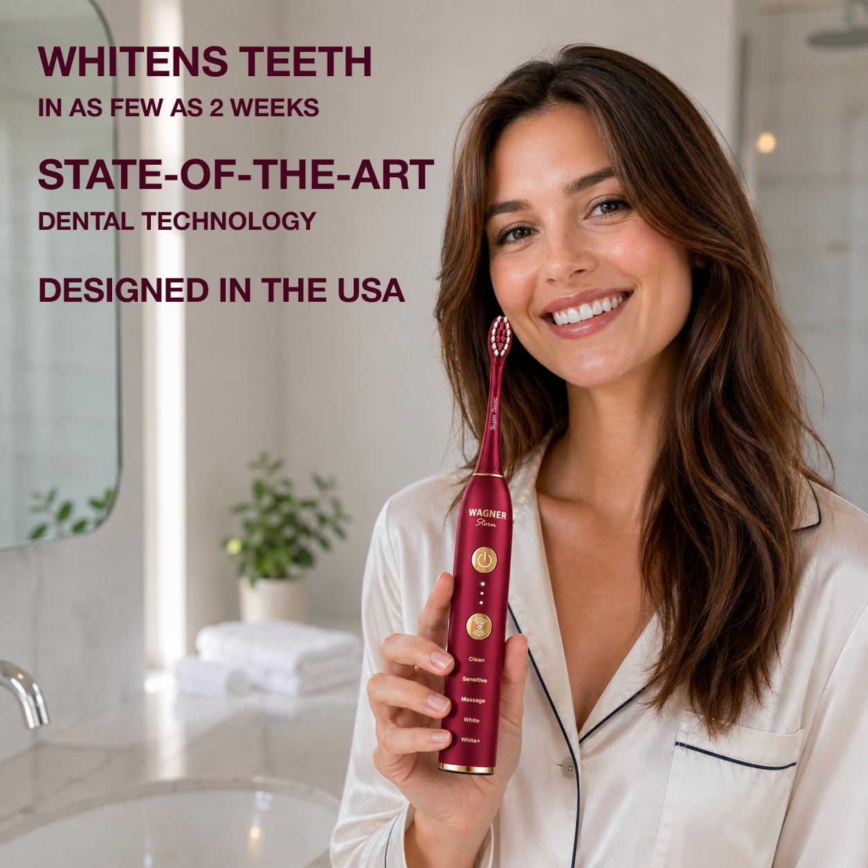 Wagner Stern WHITEN+ Electric Toothbrush, 48,000 VPM, Pressure Sensor, 5 Modes, 8 Brush Heads, Travel Case