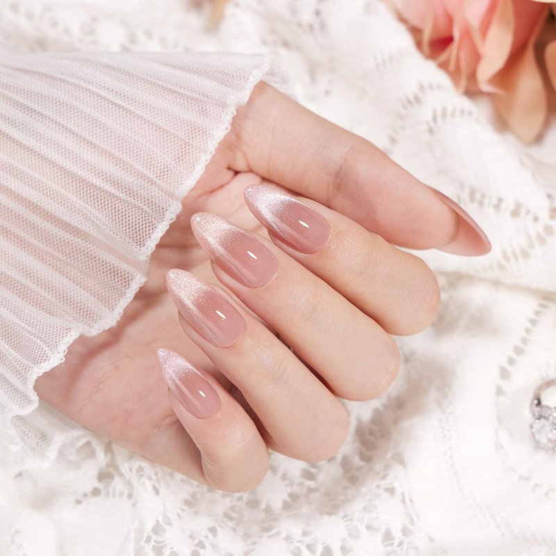 Press On Nails Almond Medium - Cat Eye French Tip Nude Pink Sparkly | 32 Pcs, Reusable, Semi-Transparent for Spring Weddings