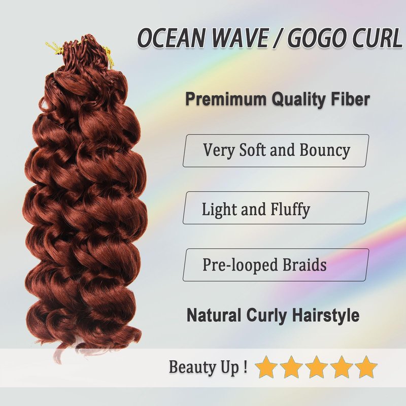 GoGo Curl Crochet Hair for Black Women 10 Inch Auburn Ginger Ocean Wave Crochet Braids Deep Water Wave Beach Curl Curly Crochet Hair Soft as Human Hair 7 Packs Synthetic Hair Extensions 350