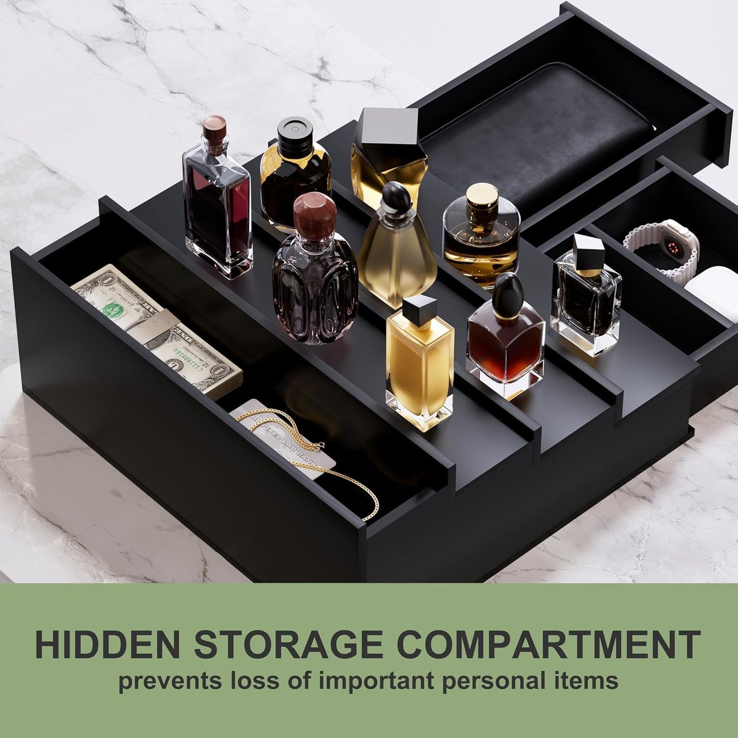 Boulphia 4 Tier Wooden Cologne Organizer with Drawer Storage and Hidden Compartment, Black Perfume Display Stand