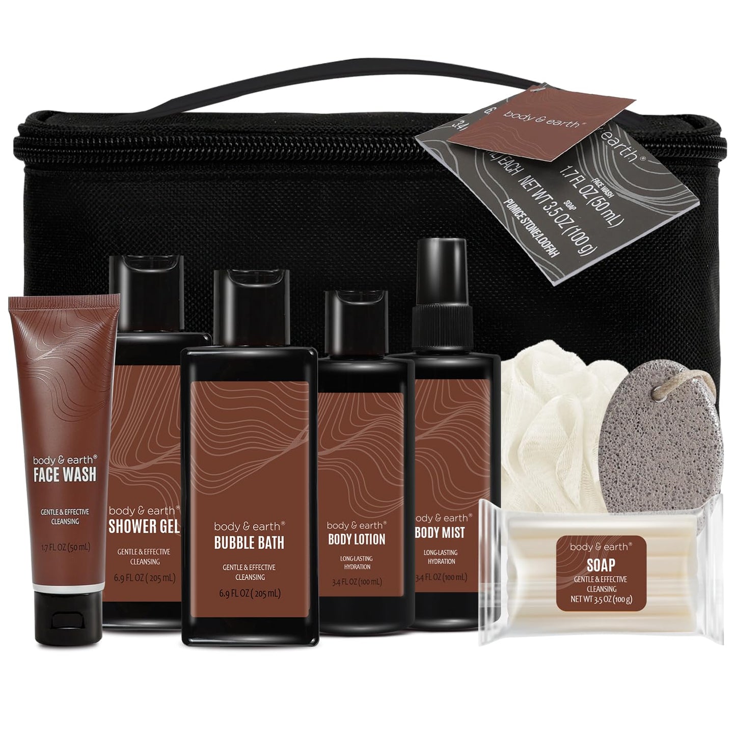 BODY & EARTH，Father’s Day Gifts, Birthday for Men，8-Piece Gift Basket, Man Anniversary Gifts. Travel Size Toiletries with Sandalwood, Includes Body Wash，Body Lotion，Travel Bag