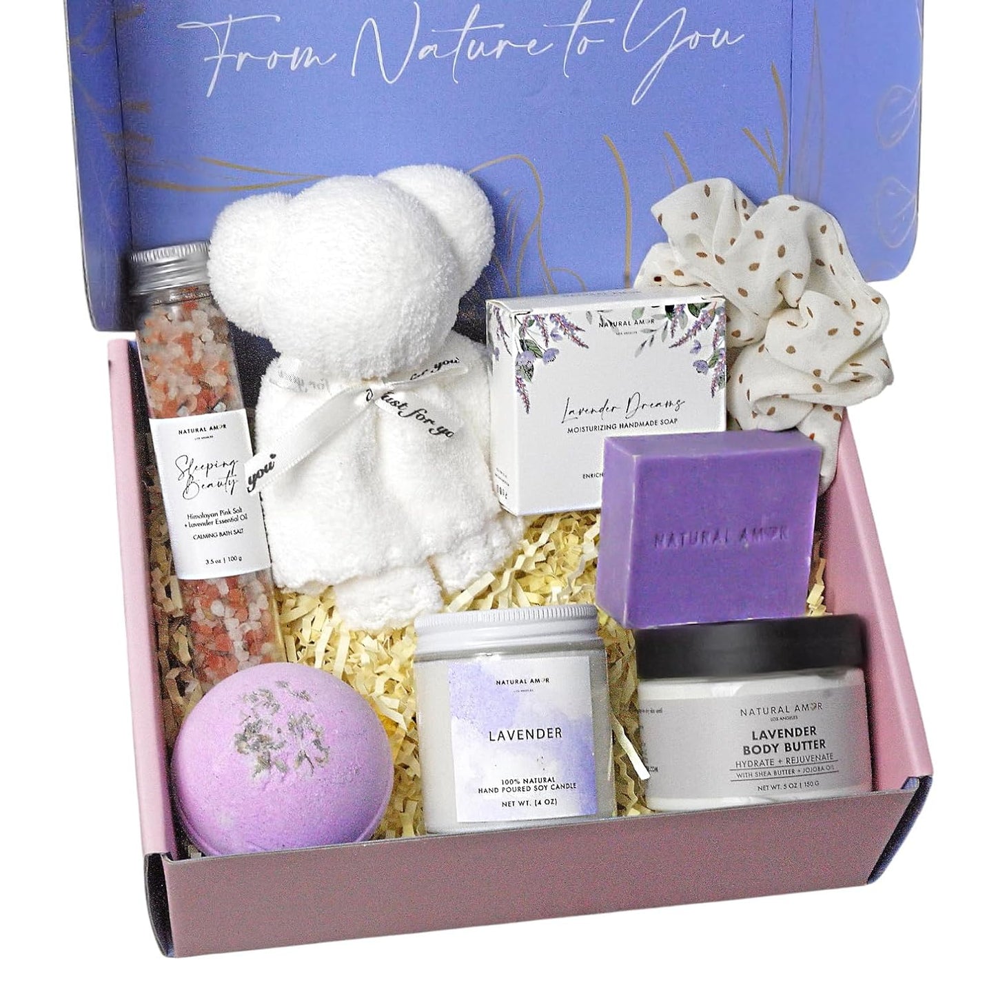 Lavender Spa Gift Set for Women - 7-Piece Self-Care Box with Handmade Soap, Candle & Bath Butter