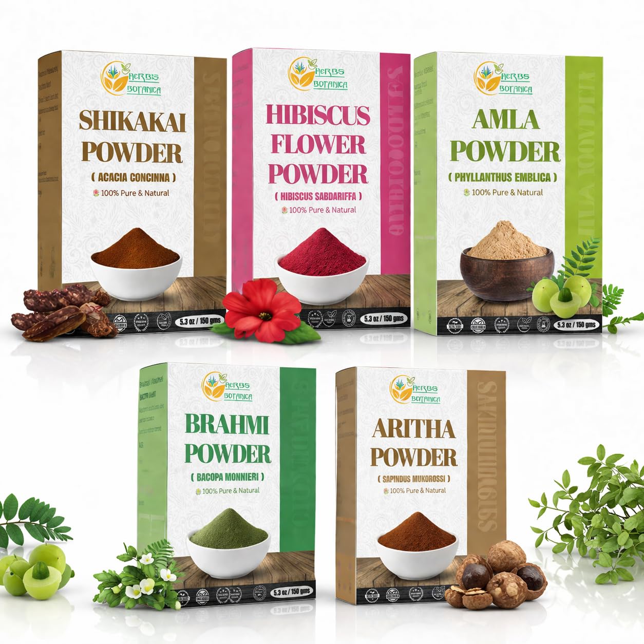 Herbs Botanica Herbal Hair Mask Combo Brahmi, Reetha (Aritha), Shikakai, Hibiscus, Amla Powder 5.3 oz Each Total 1.65lbs For Hair Growth, Scalp Health