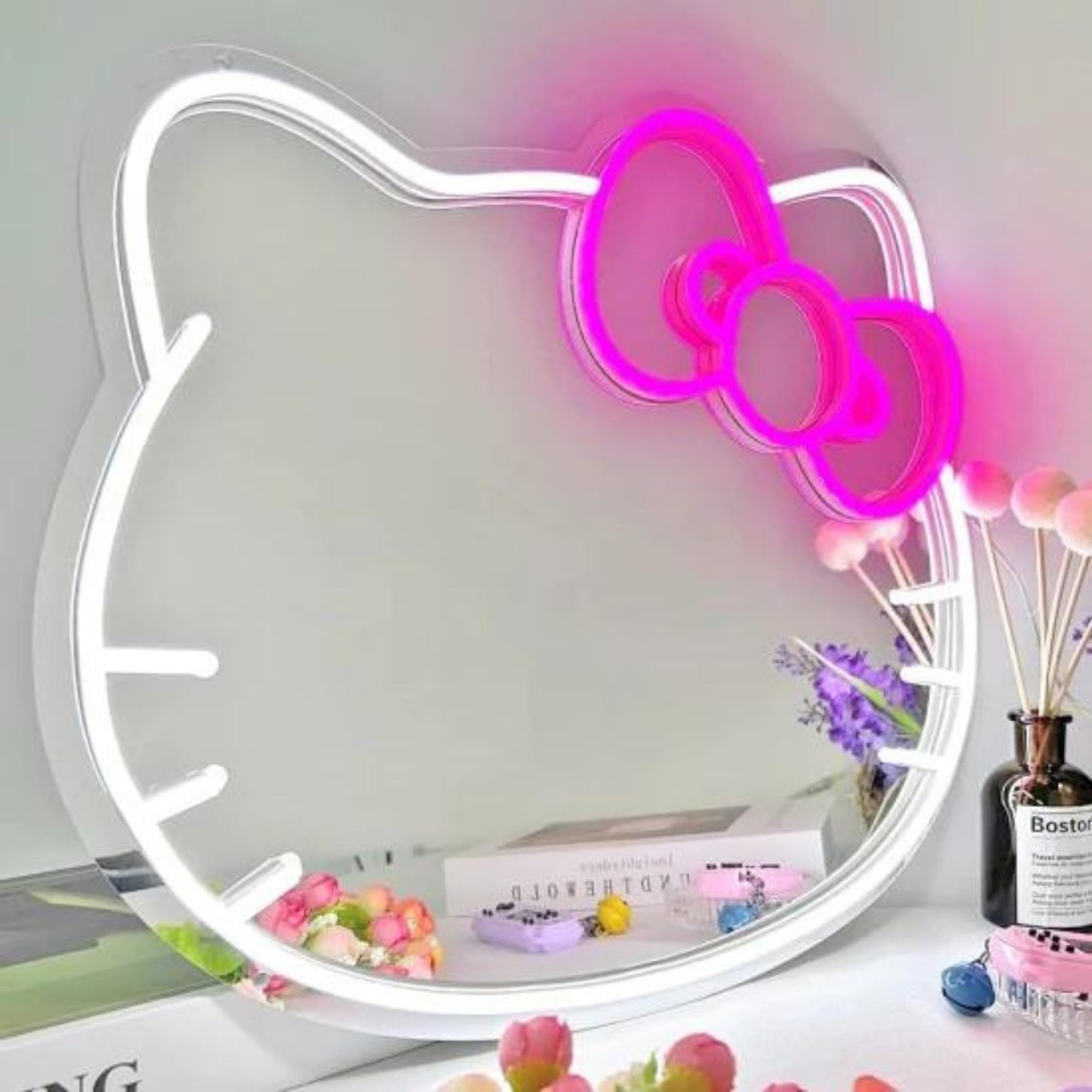 Health Organizer Anime Mirror 13.3 x 16.14 Inches Vanity Mirror with Lights Cat Design Bedroom Wall Mirror Girls Makeup Kitty Mirror with Lights Neon Sign Gift Mirror