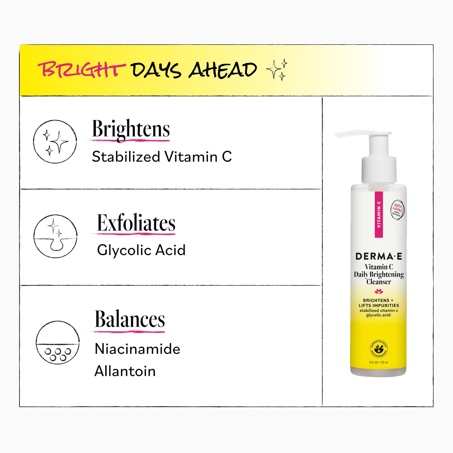 Derma E Vitamin C Daily Brightening Cleanser, 6 Fl Oz, Hydrating Cleanser to Help Even Skin Tone, Moisturizing Face Wash for a Radiant Glow