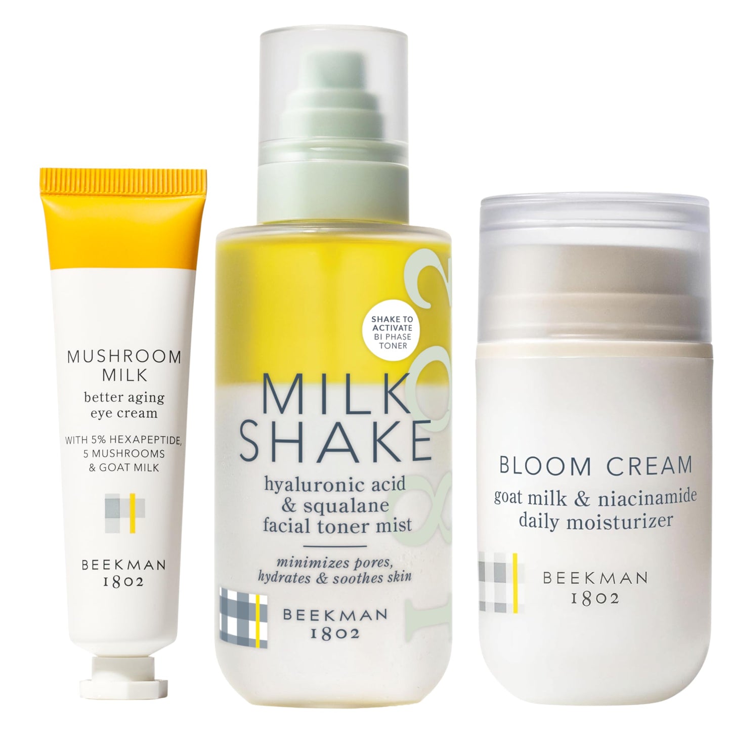 Beekman 1802 Healthy Skin Essentials – Mushroom Milk Eye Cream + Milk Shake Hydrating Face Mist + Bloom Cream Face Moisturizer