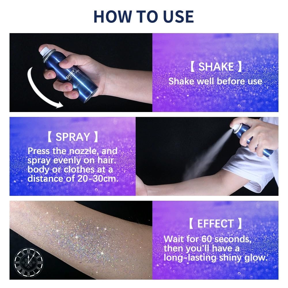 Body Glitter Spray【Long Lasting】【Skin Friendly】【Quick-Drying】 Glitter Spray for Hair/Body, 60ml