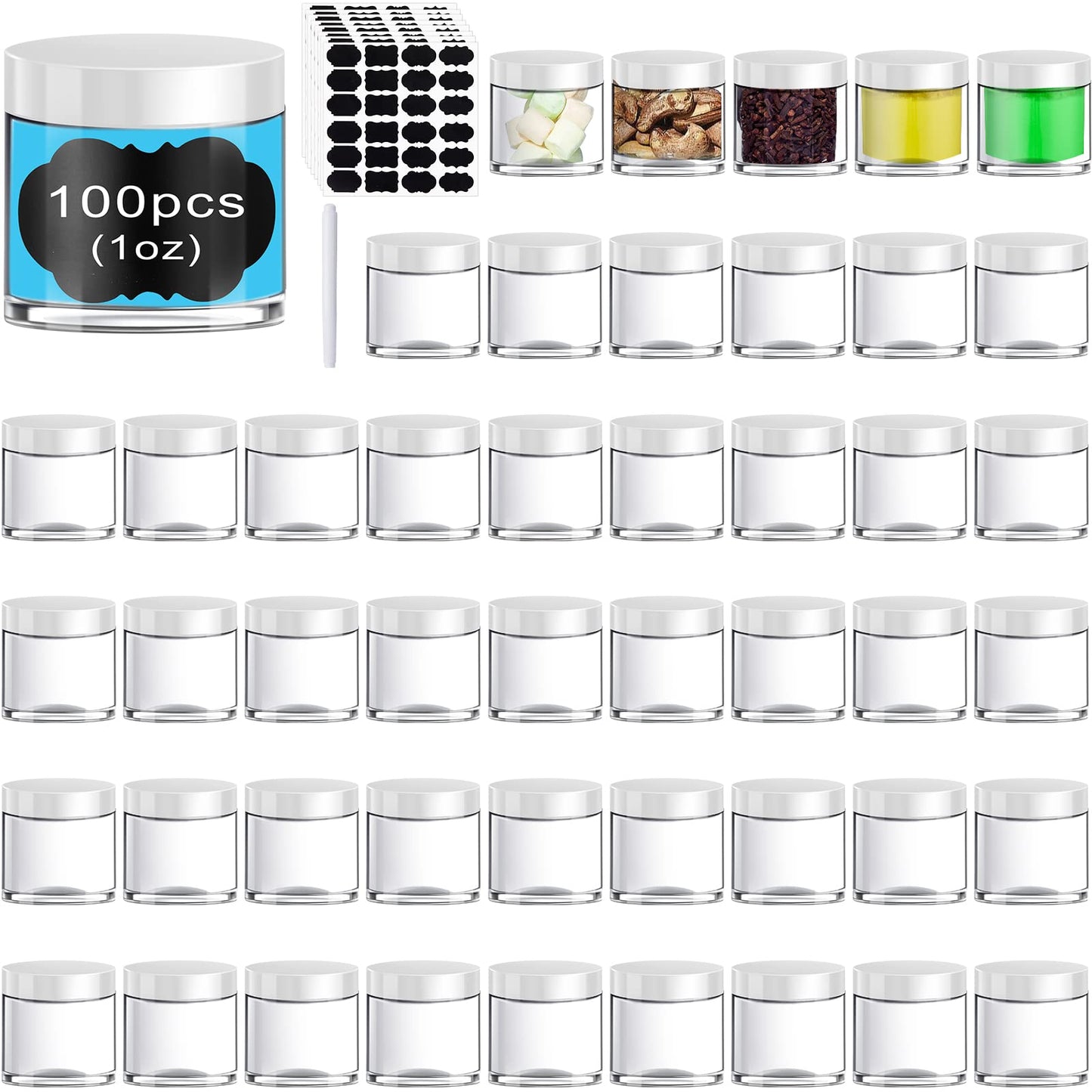 100 Set Plastic Jars Makeup Travel Makeup Container with Lids Small Storage Containers for Creams Toiletries Chalkboard Label Stickers Marker(1 oz,Black)