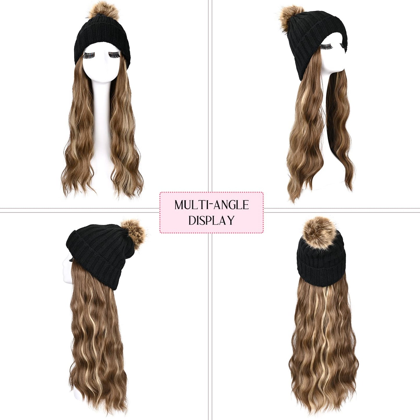 HOOJIH Knitted Beanie Wig, Hat Hair Extension Long Wavy Curly Black Hat Wig with Faux Fur Pom Hat Attached 18 Inch Synthetic Hairpiece for Women Girls Winter - Light Brown with Medium Golden Blonde