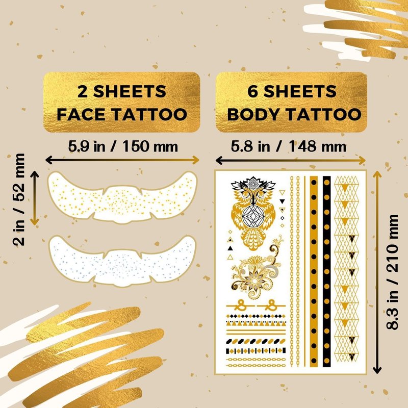 Gold Temporary Tattoos for Women - Metallic Flash Stickers & Glitter Face Tattoos - 120+ Boho Egyptian Festival Temporary Tattoo for Adults - Waterproof Gold Henna Set