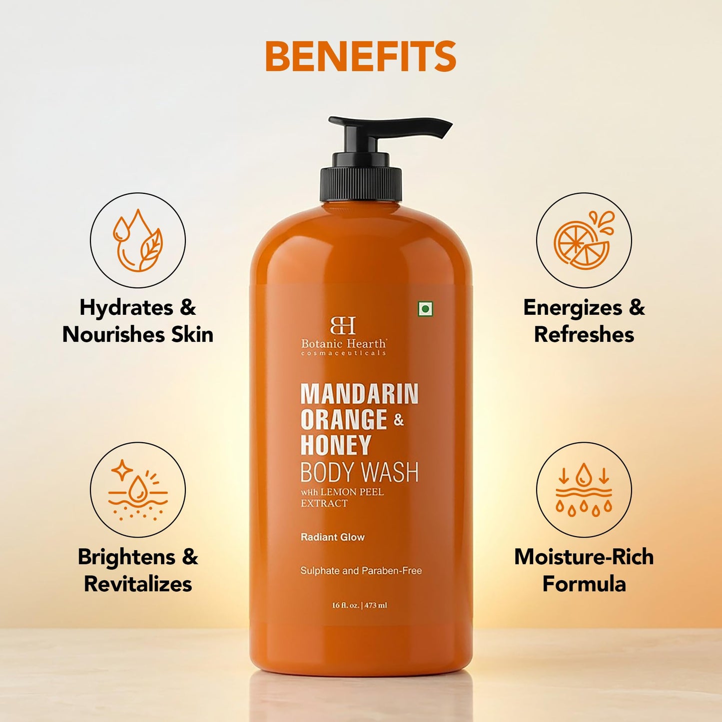 Botanic Hearth Mandarin Orange & Honey Body Wash – Refreshing Shower Gel with Lemon Peel Extract, Brightening & Hydrating Formula, Sulfate & Paraben Free – 16 fl oz