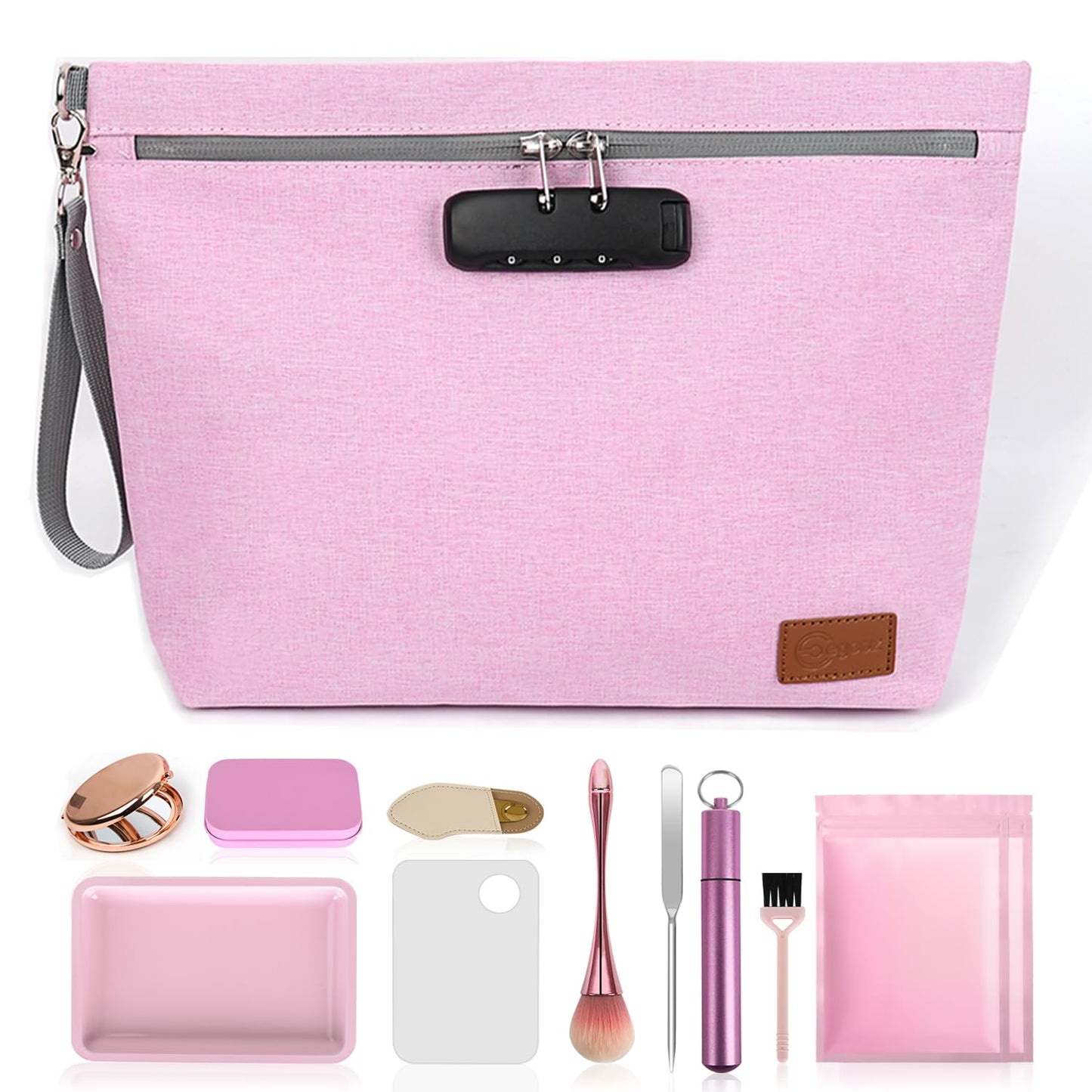 Pink Medium Travel Smell Proof Bag with 10 PCS Accessories, Portable Cosmetic Pouch with Combination Lock. Gift for Women.