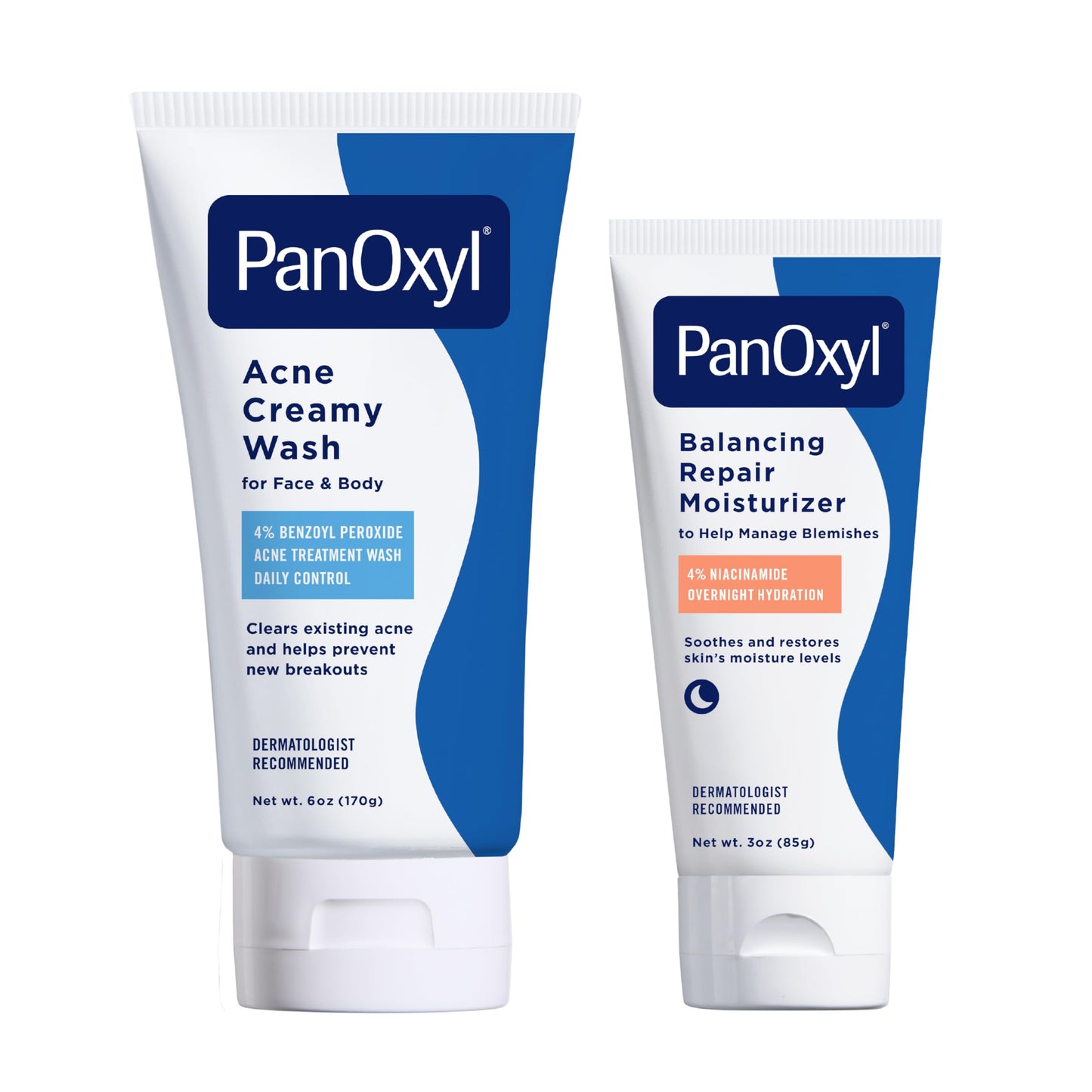 PanOxyl Wash and Moisturize Duo Bundle – Creamy Acne Wash 4% Benzoyl Peroxide, Balancing Repair Moisturizer 4% Niacinamide