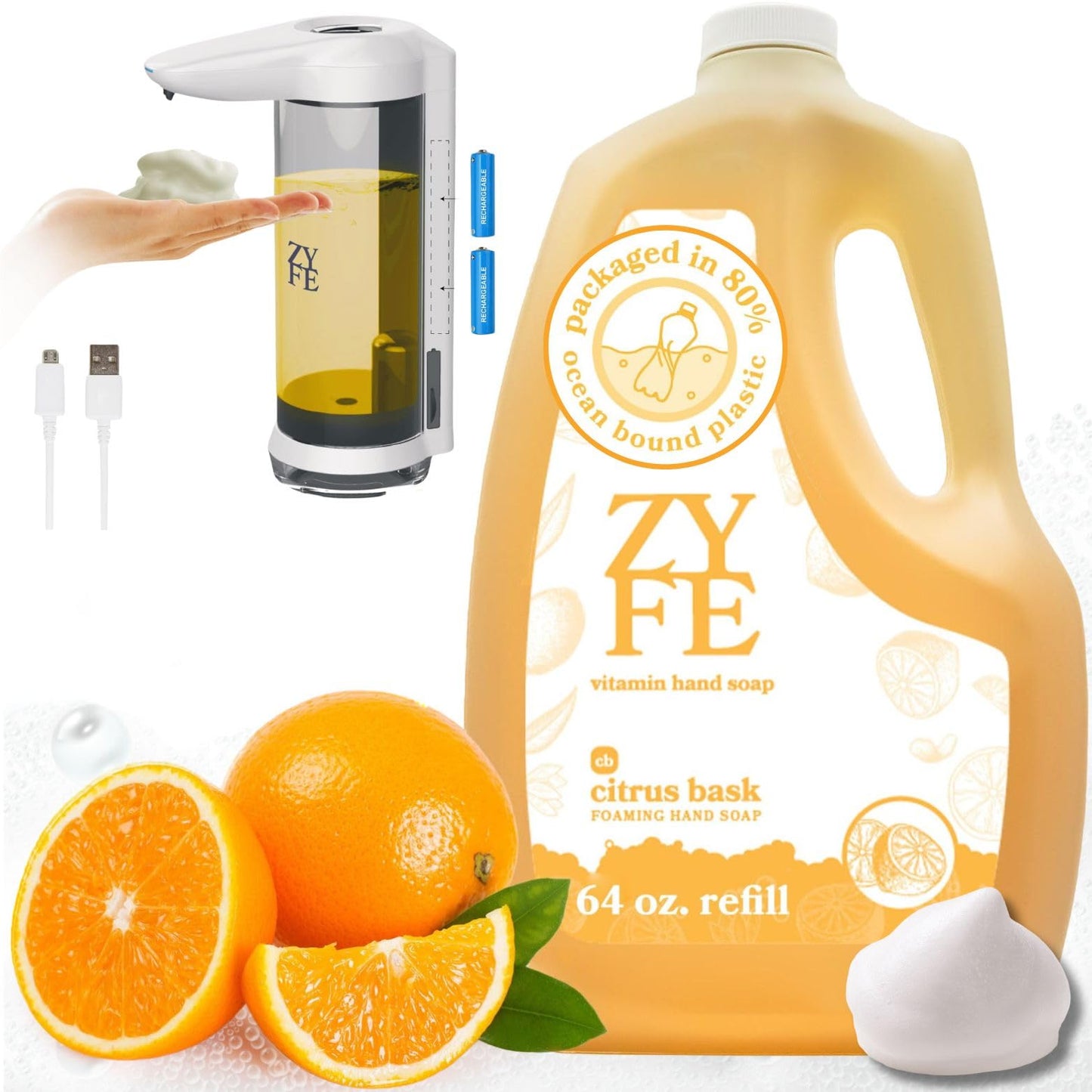 ZYFE Foaming Hand Soap and Dispenser, Natural Moisturizing Hand Wash for Bathroom & Kitchen, Half Gallon Soap Refill with Essential Oil Fragrance in Recycled Bottle, Citrus Handwash, Biodegradable