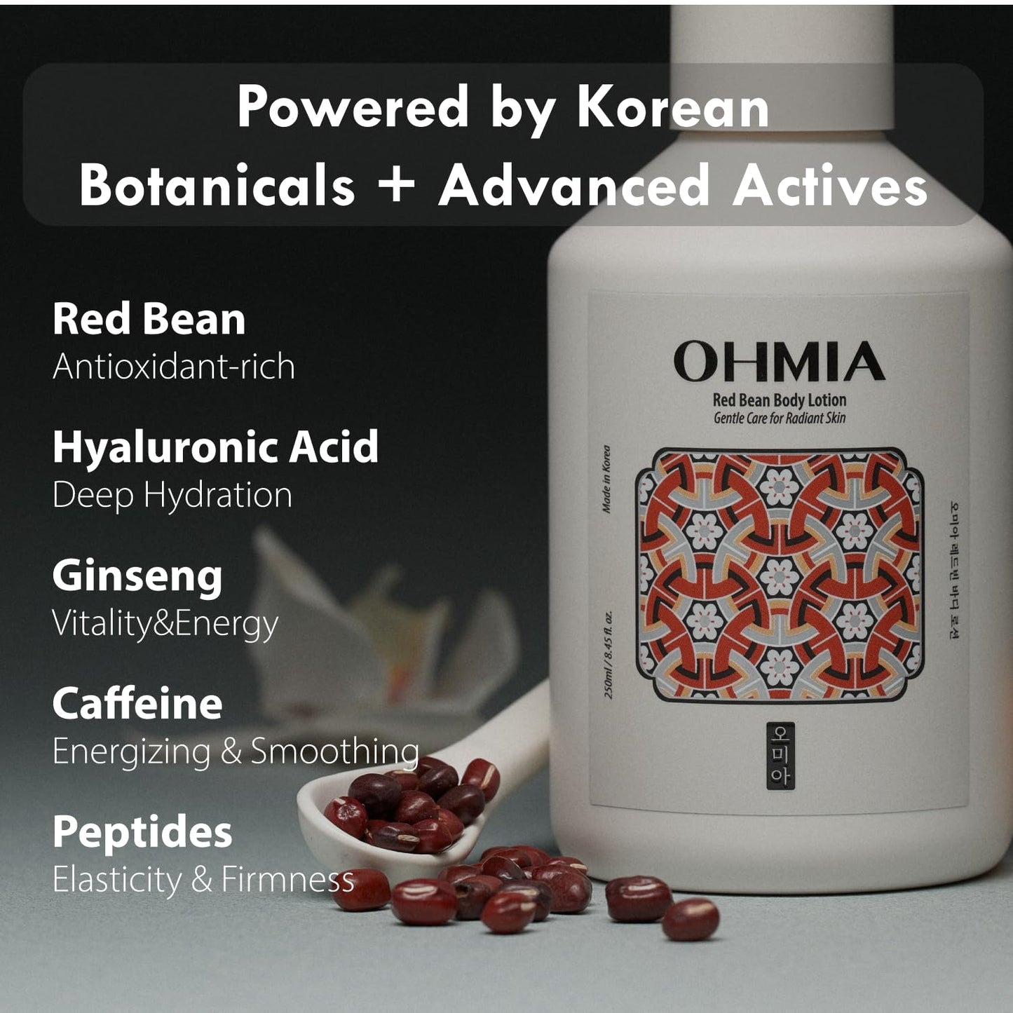 OHMIA Korean Red Bean Body Lotion - 24-Hour Hydrating Moisturizer for Dry Skin with Peptides & Hyaluronic Acid for Smooth Sensitive Skin Women & Men - Vegan & Cruelty-Free - 8.45 fl oz