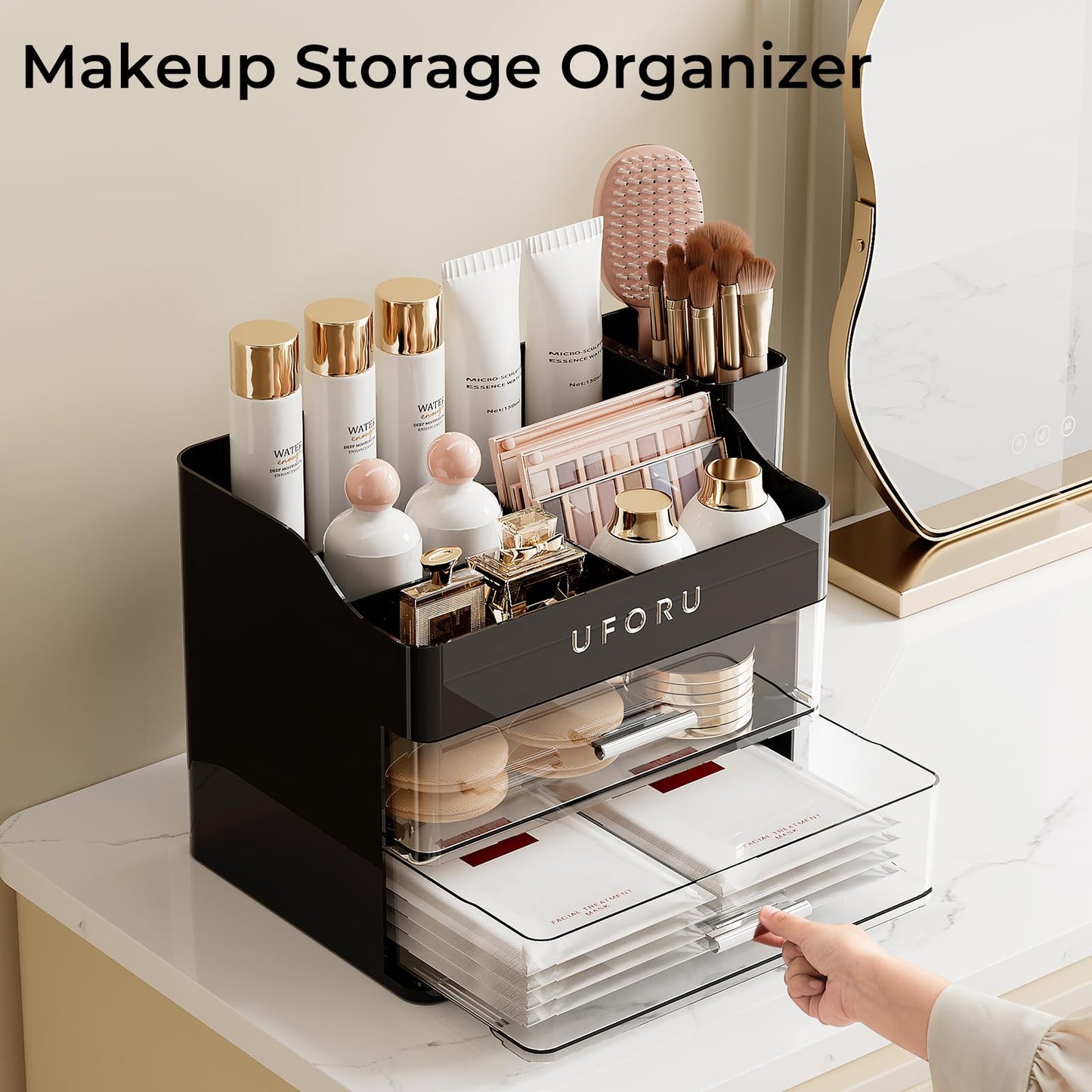 UFORU Makeup Organizer for Vanity with Brush Holder, Countertop Skincare Organizer with 2 Drawers, Spacious Cosmetic Display Case for Perfumes, Cologne, Shaving Lotion