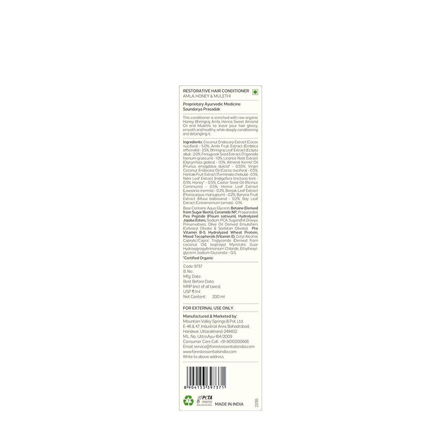 Forest Essentials Hair Conditioner, Amla, Honey and Mulethi, 200ml