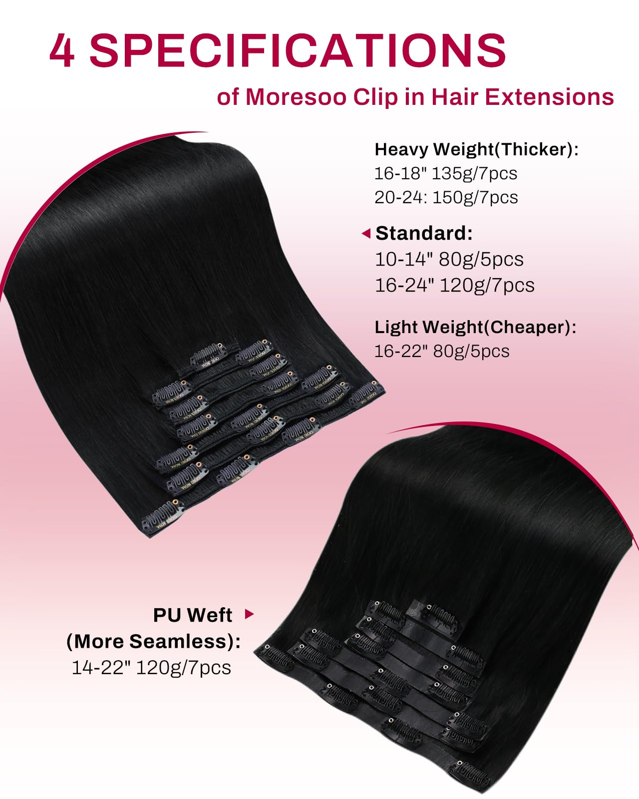 Moresoo Natural Black Clip in Hair Extensions Short Human Hair Clip in Extensions Black for Women Remy Hair Extensions Clip ins Short Double Weft 80g/5pcs 10 inch