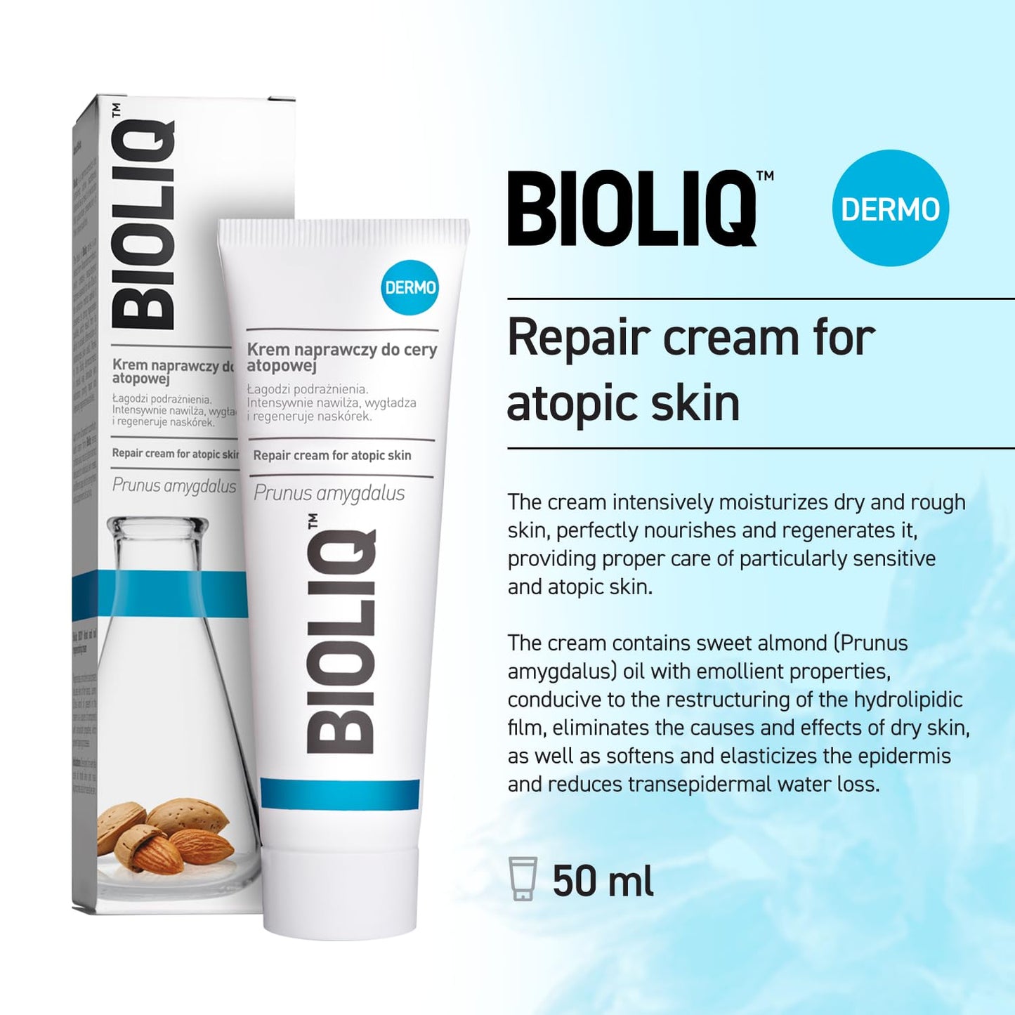 Bioliq Dermo Repair Body Cream for Atopic Skin - Alleviates Irritation, Hydrates, and Regenerates with Sweet Almond Oil for Moisturization - 50 ml