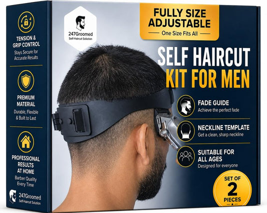 247 Groomed Self Haircut Kit for Men | 2Pcs SelfCut Guide for Men: Neckline Shaving Template & Fade Guide | Adjustable Size Hair Fade Tool & Stable Neck Line Up Tool | Hair Cut for Kids & Seniors