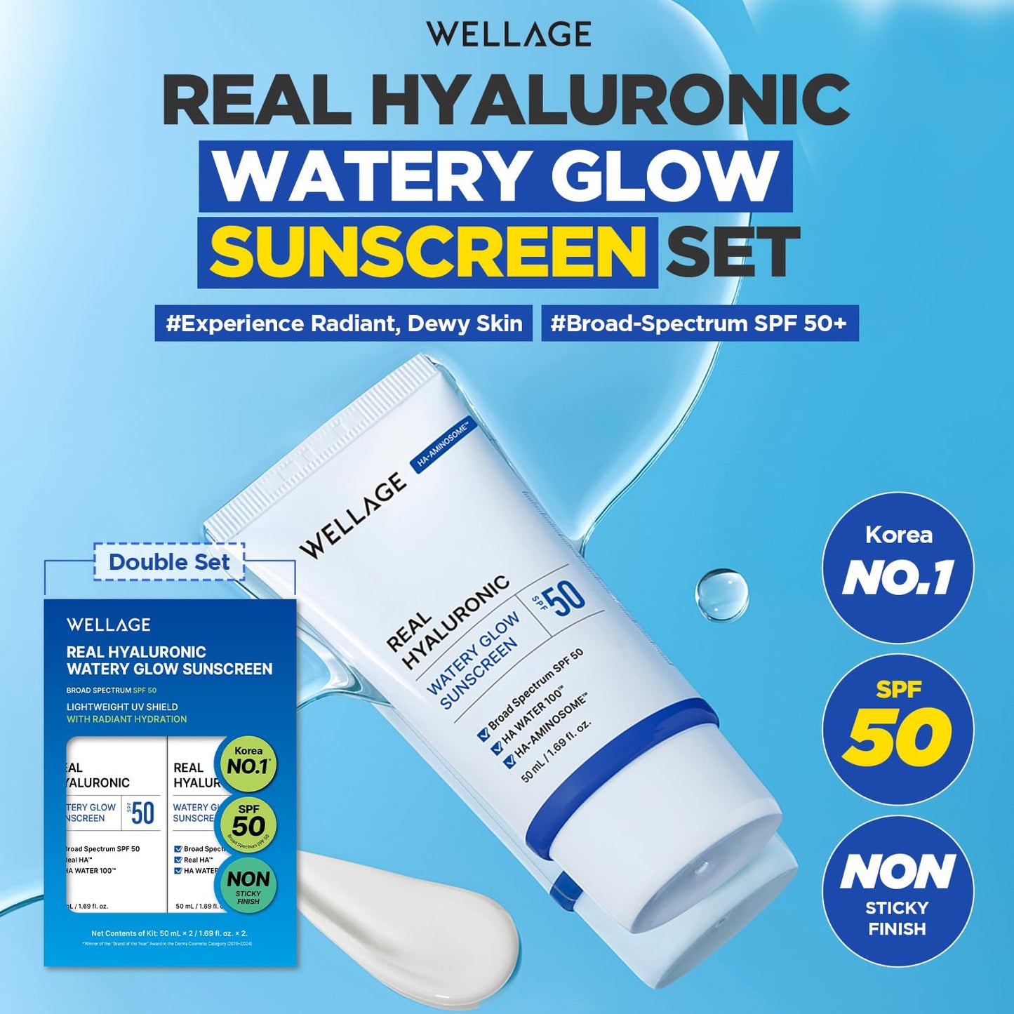 WELLAGE Real Hyaluronic Watery Glow Sunscreen SPF50 1.69 fl.oz (2 Pack)