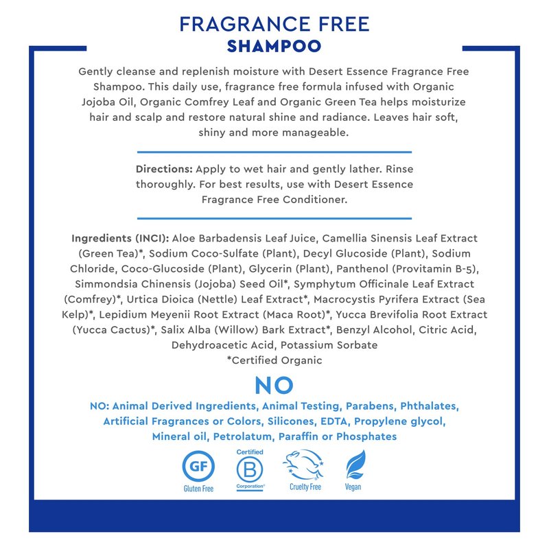 Desert Essence Fragrance-Free Shampoo - Pure & Unscented - 8 Fl Oz | Strengthens Hair with Jojoba Oil & Green Tea