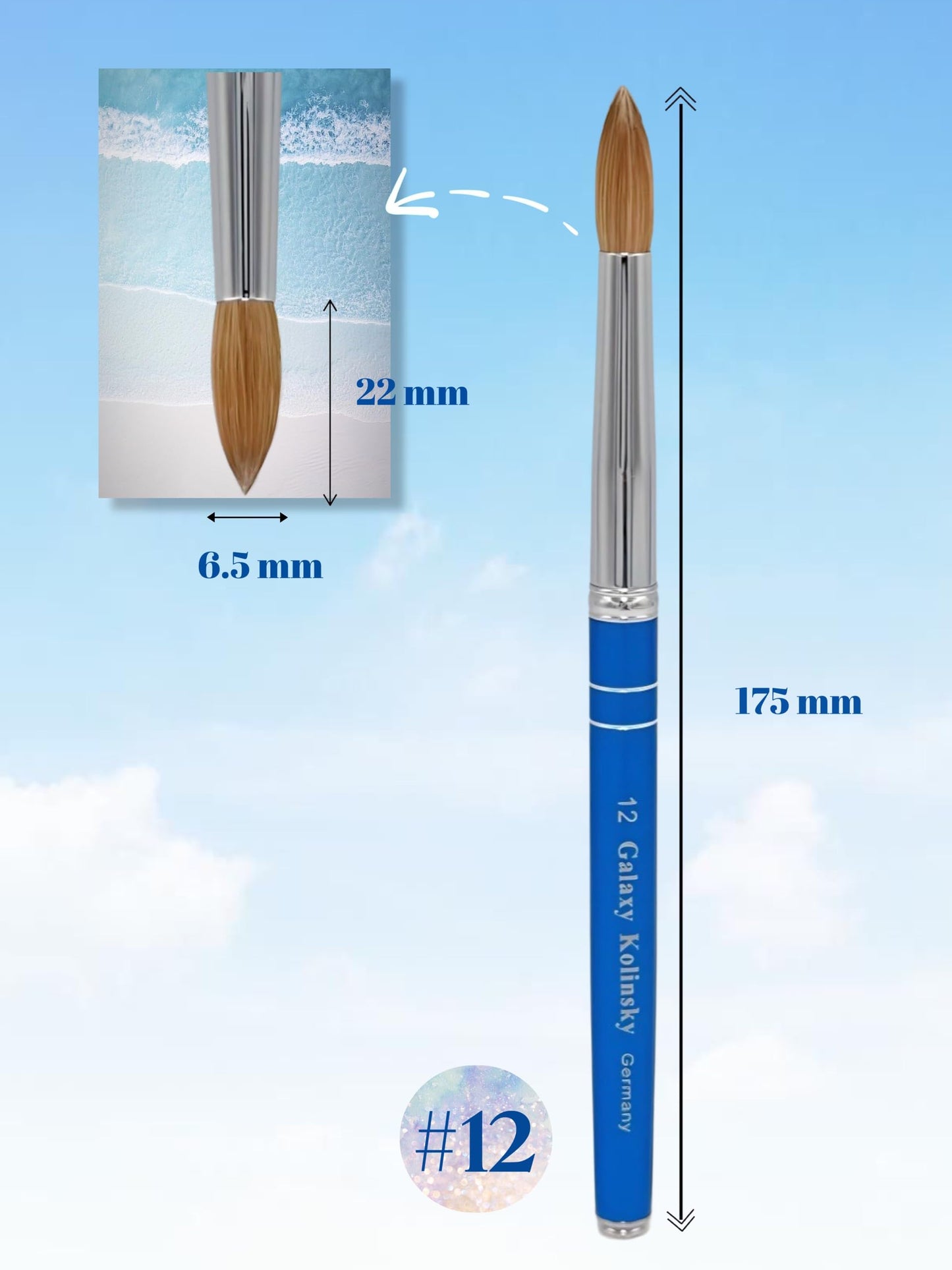 Galaxy kolinsky Acrylic Nail Brush Pure Kolinsky Hair Round Shape Blue Metal handle (Size 12)
