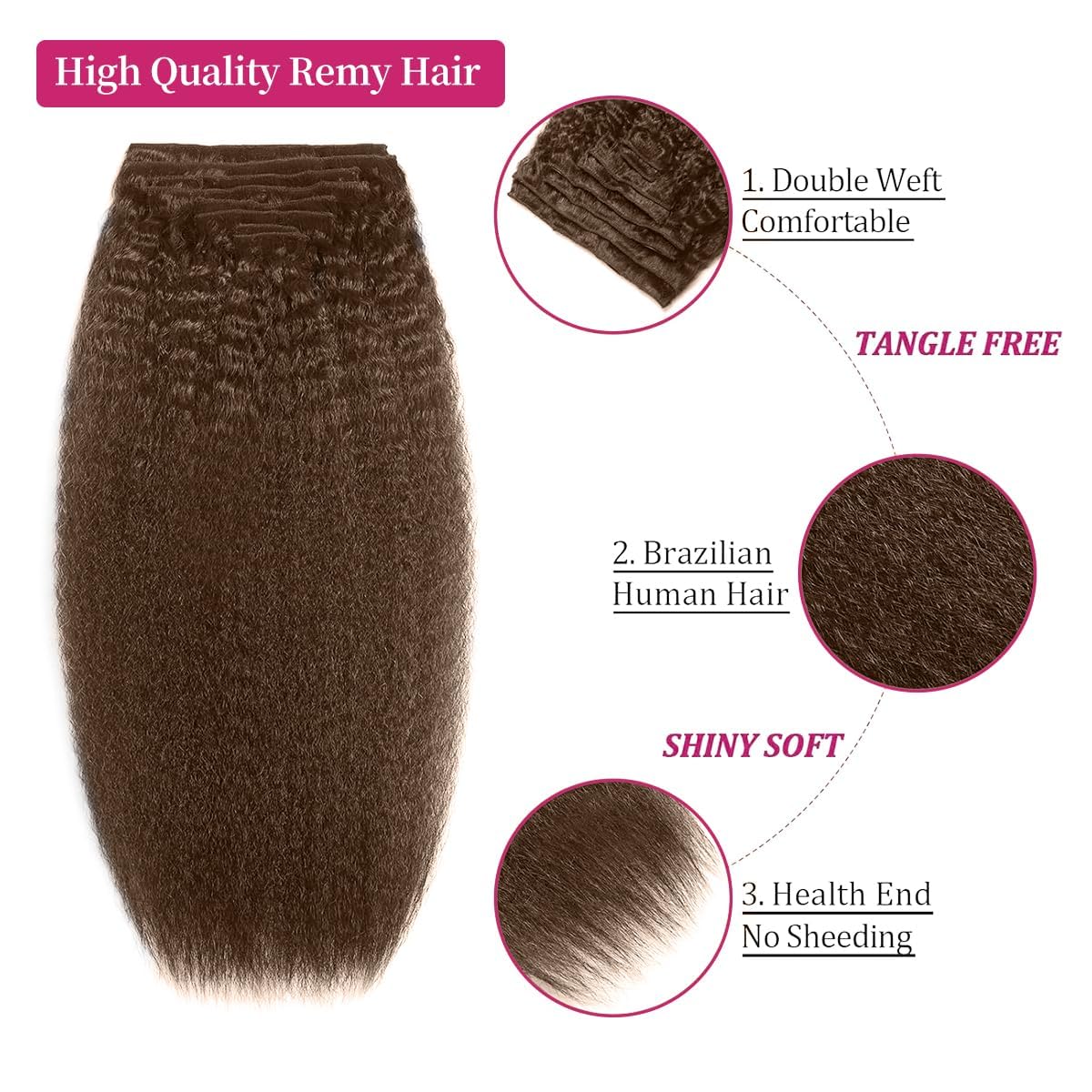 14 Inch Chocolate Brown Kinky Straight Clip in Hair Extensions Real Human Hair Clip in Extensions 8Pcs 110g 20 Clips Brazilian Virgin Hair Yaki Straight Clip ins Double Weft