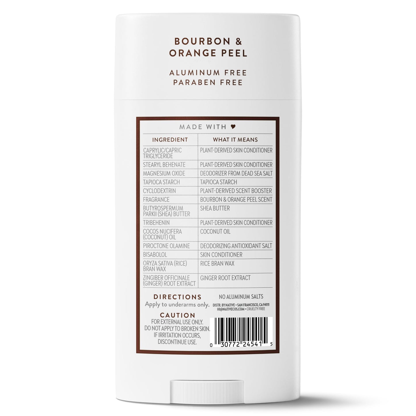Native Aluminum Free Deodorant, Bourbon & Orange Peel, Large Size Stick, 72 Hour Odor Control, for Women & Men, Contains Naturally Derived Ingredients, 3.1 oz