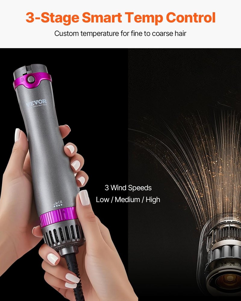 VEVOR Hair Air Styler and Dryer Brush, 5-in-1 Multi Hair Styler with 3 Brushes & 2 Nozzles, Ionic Blow Dryer Brush, Reduced Heat Damage, High-Speed Styling Tool for Volumizing Straightening Curling