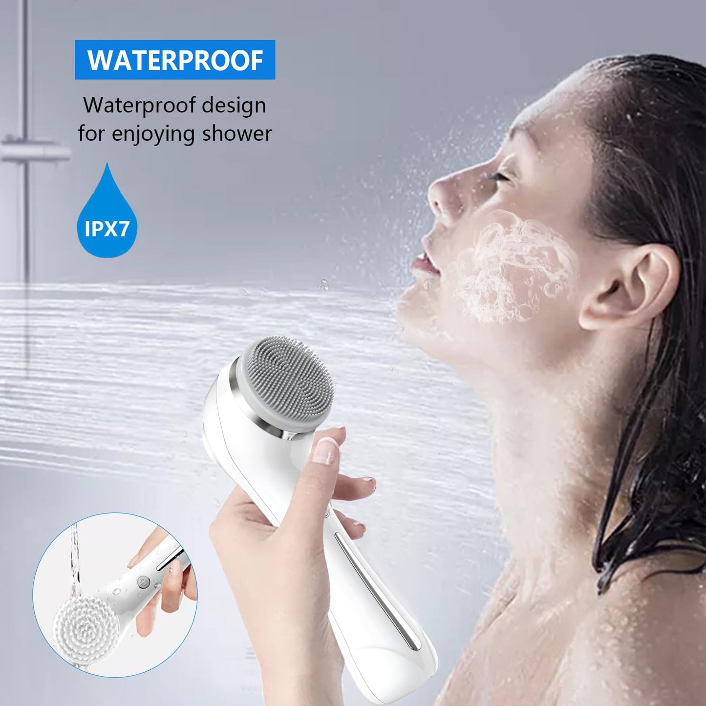 Facial Cleansing Brush, 2 in 1 Ｗaterproof IPx7 Facial Spin Scrubber Set with 4 Brush Heads, Rechargeable Exfoliating Face Brush Deep Cleansing, Gently Exfoliate and Remove Blackhead (White)